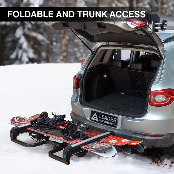 Folding Hitch-Mounted Ski & Snowboard Rack – Adjustable, Anti-Theft Lock, Fits 2'' Receivers & Cross Bars, Holds 6 Skis or 4 Snowboards